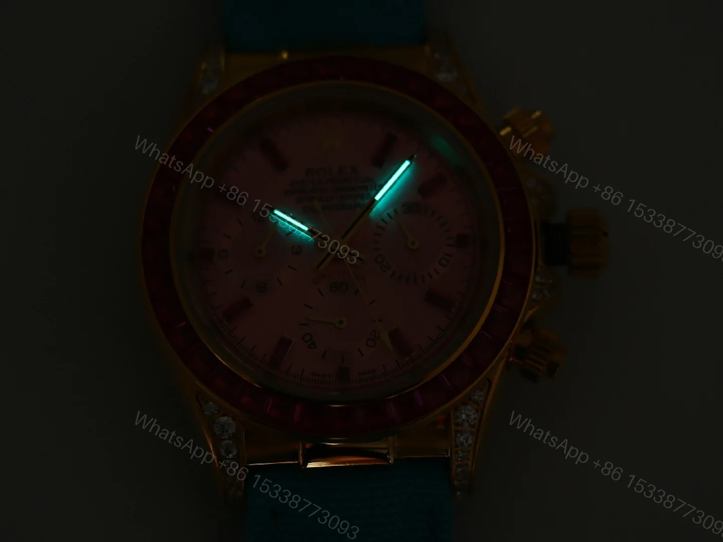 View 9 of Rolex Daytona Pink Ruby Replica 43MM Exclusive Turquoise Fabric Strap RG-ROLEX-DAYTONA-PINK-TURQUOISE-43