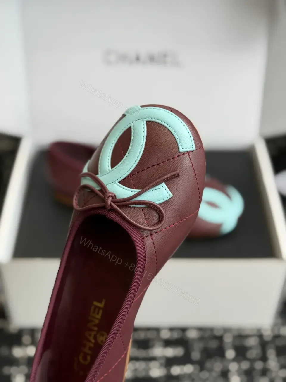 View 4 of Burgundy Leather Ballet Flats with Aqua Chanel Logo Details