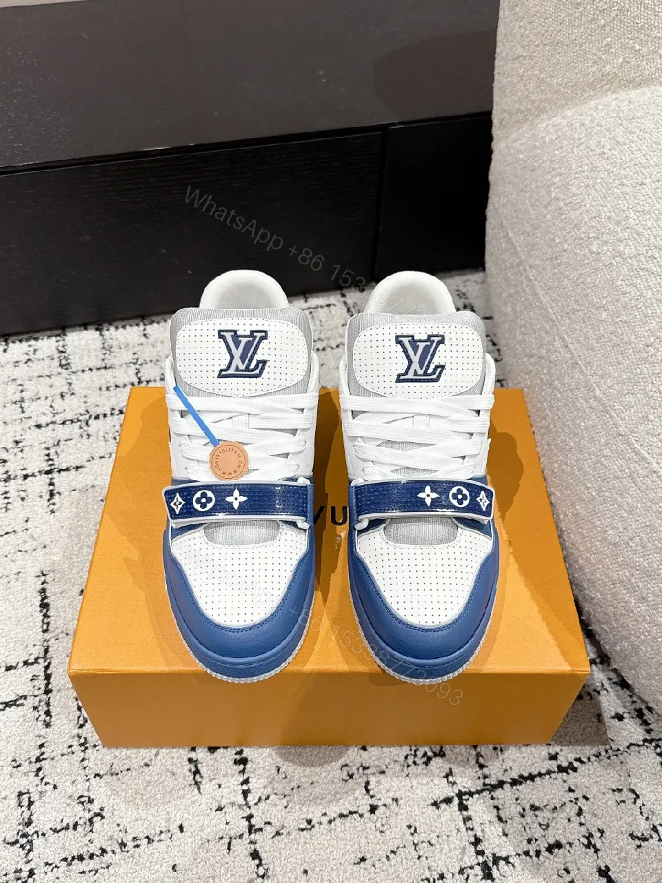 View 2 of Blue & White Luxe Leather High-Tops with LV Hints