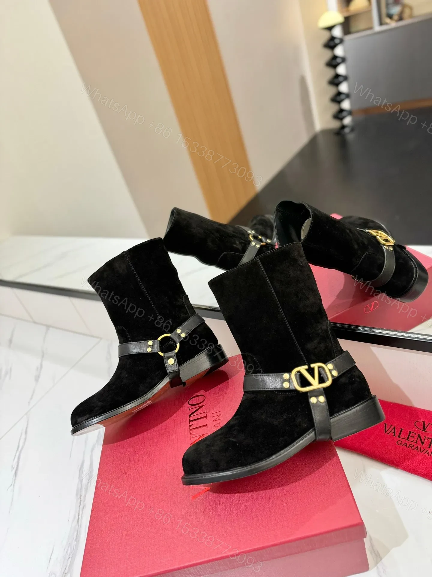 View 2 of Valentino Women Black Suede Leather Strap Boots