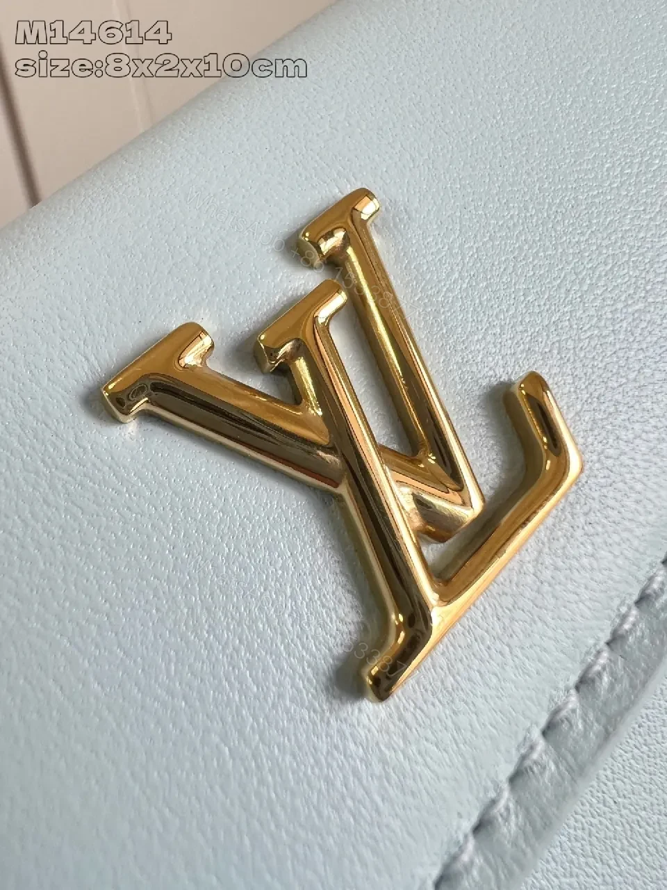 View 4 of Powder Blue Calfskin Mini Wallet with Gold Hardware