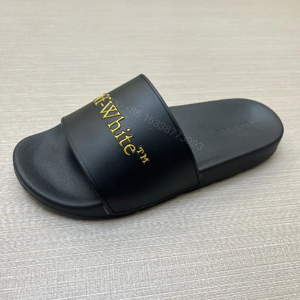 View 2 of Chic Faux-Leather Slide Sandals with Gold Logo Comfort
