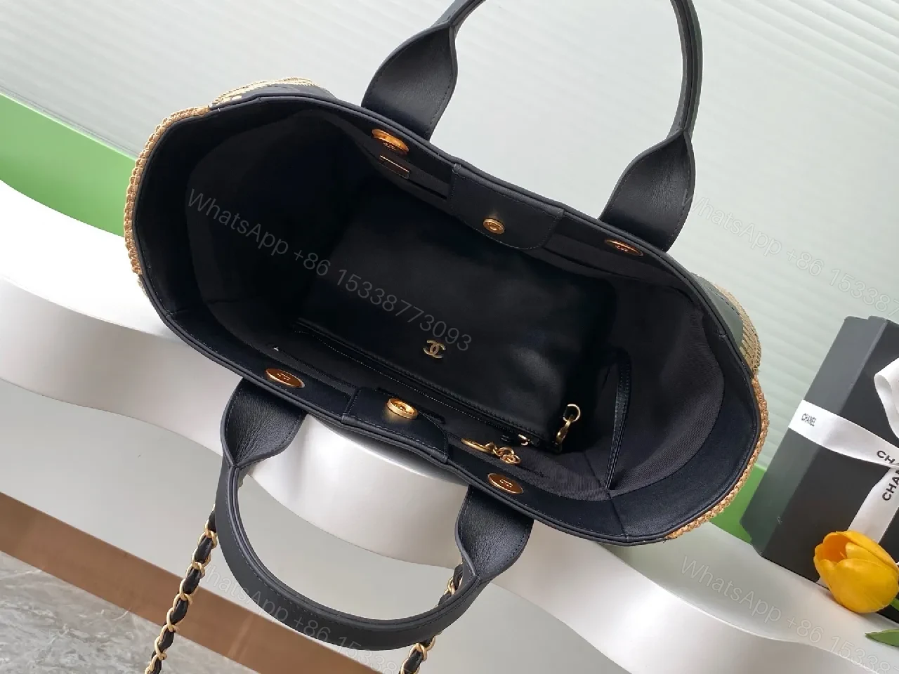 View 8 of Black Canvas Tote, Gold-Threaded Chain, Luxe Texture Bag