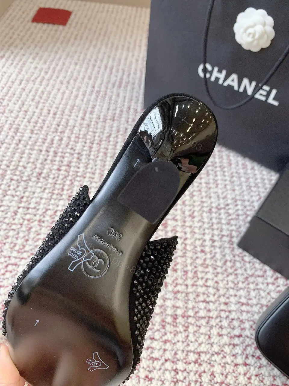 View 7 of Black Velvet Crystal Dainty Mules with Chanel Logo Heels