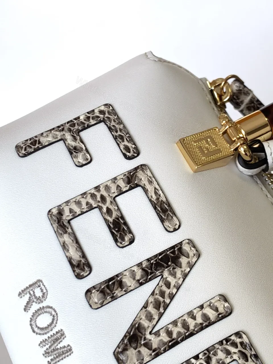 View 3 of White Leather Handbag Crystal-Embellished Logo