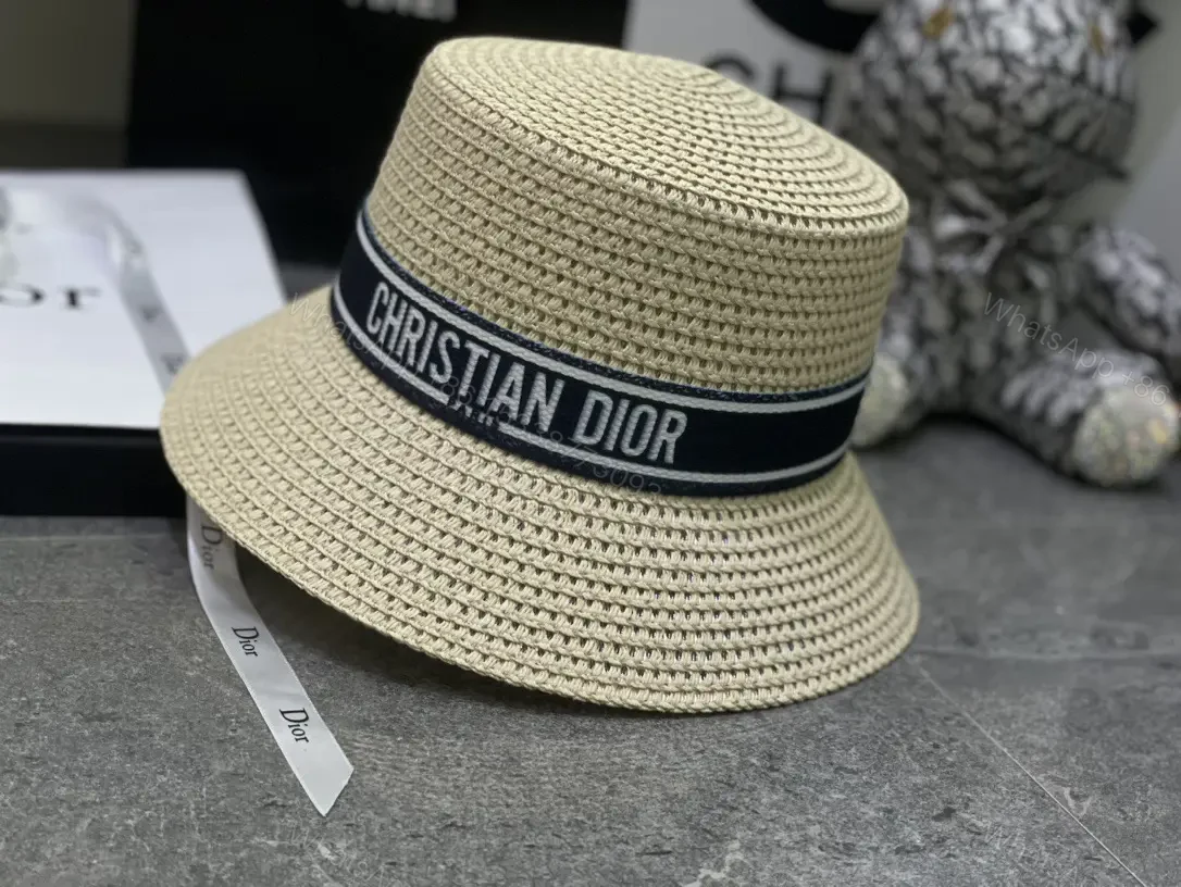 View 2 of Light Beige Straw Bucket Hat with Navy Band