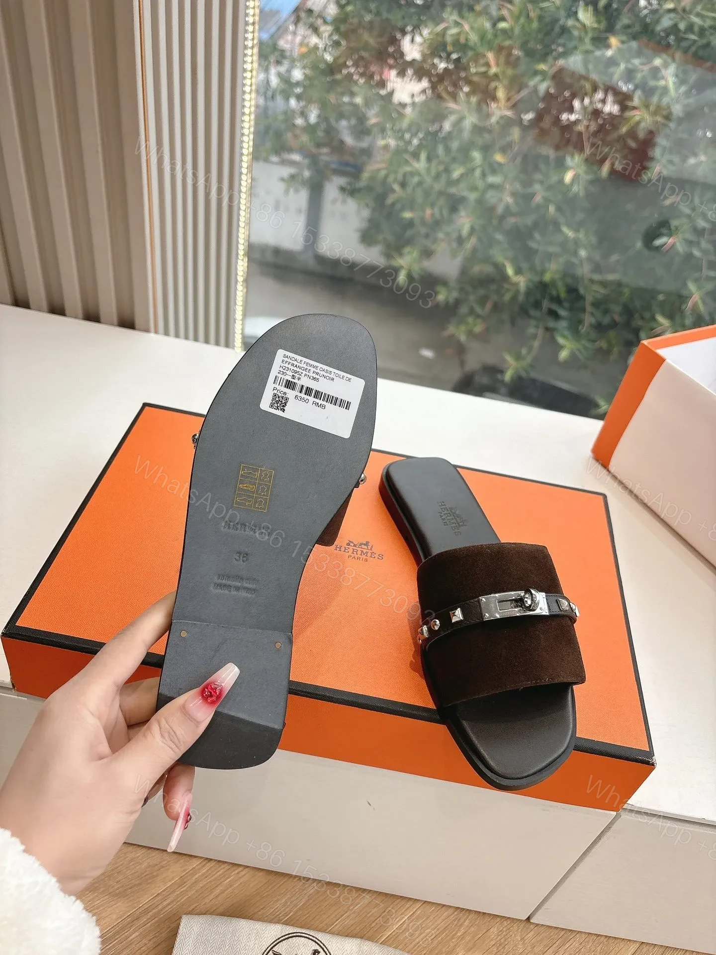 View 2 of Hermes Women Dark Brown Suede Leather Strap Mules