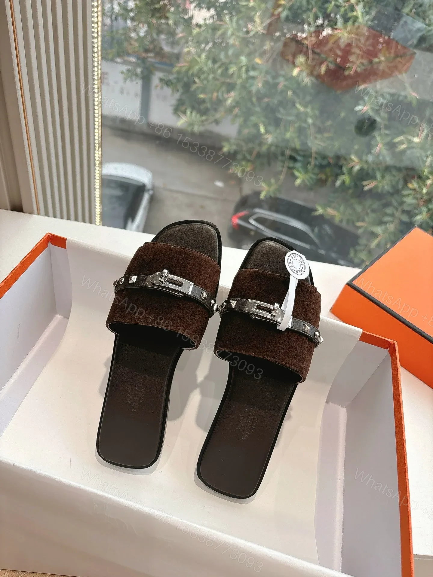 View 5 of Hermes Women Dark Brown Suede Leather Strap Mules