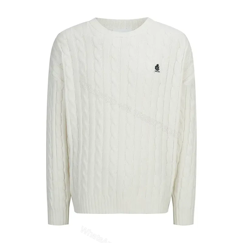 Off-White Cream Cable-Knit Crew Neck Sweater with Logo Emblem — view 1