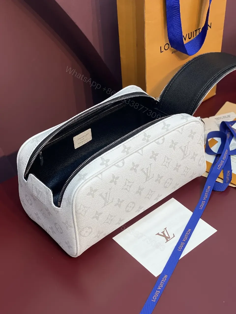 View 8 of White Leather Monogrammed Subtle LV-inspired Cosmetic Bag