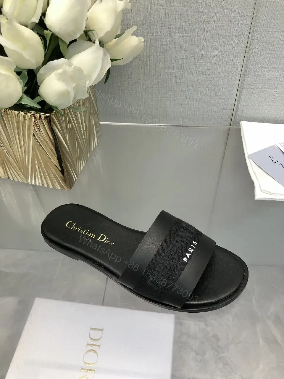 View 6 of Black Satin Strap Slide Paris Logo Sandals - Dior Style
