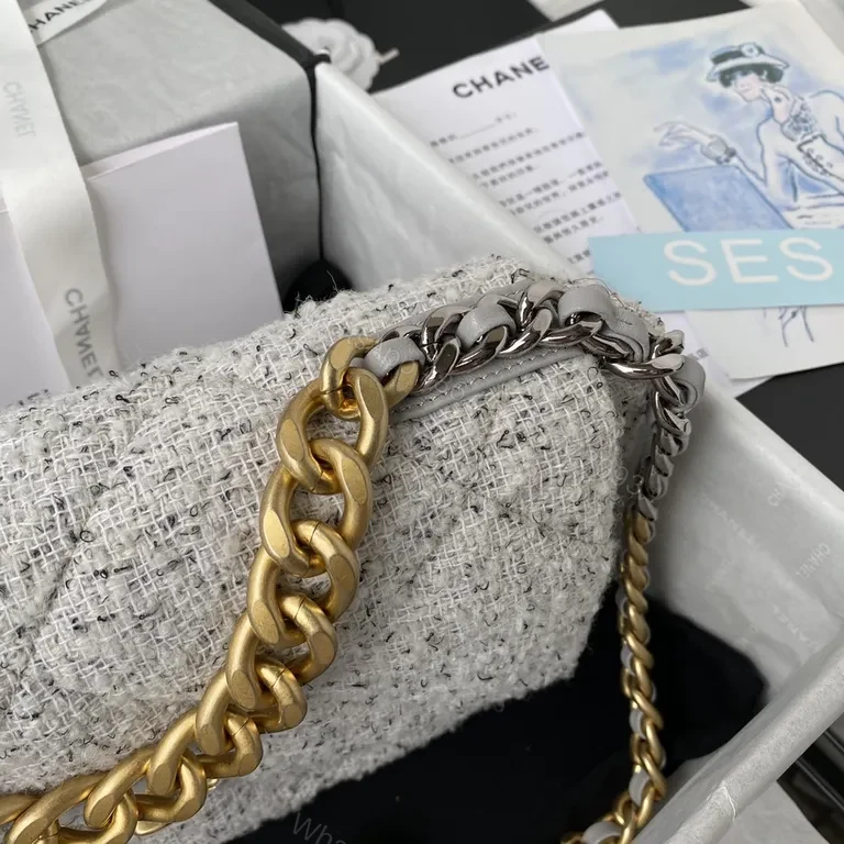 View 9 of Chanel-Influenced Tweed Bag with Dual-Gold/Silver Chain