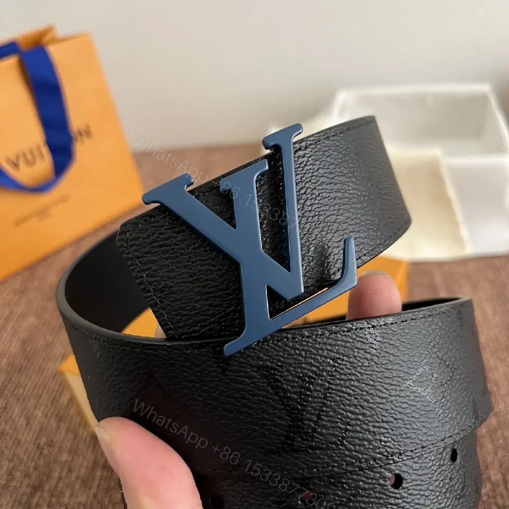 View 10 of Black Belt with Blue LV Logo Buckle, Pebbled Leather, Classic Style