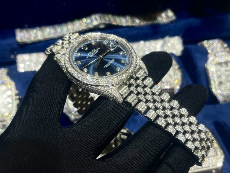 View 4 of Datejust 41mm Super Clone Blue Dial Custom Full Moissanite Diamonds