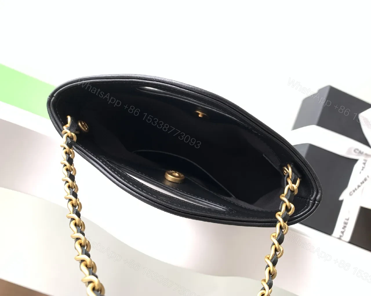 View 8 of Quilted Satin-Trim Handbag with Gold Chain