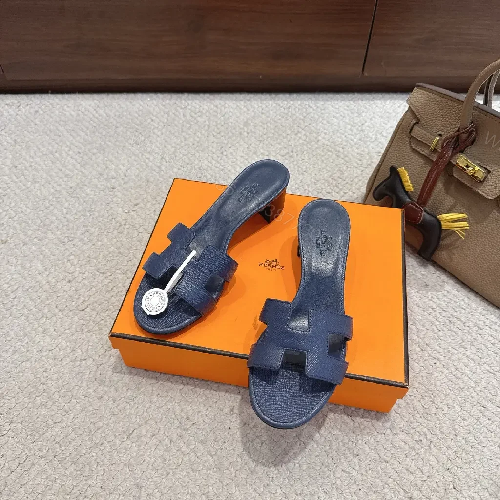 View 3 of Navy Leather Hermès-Inspired Sandals Blue Slide Sandals