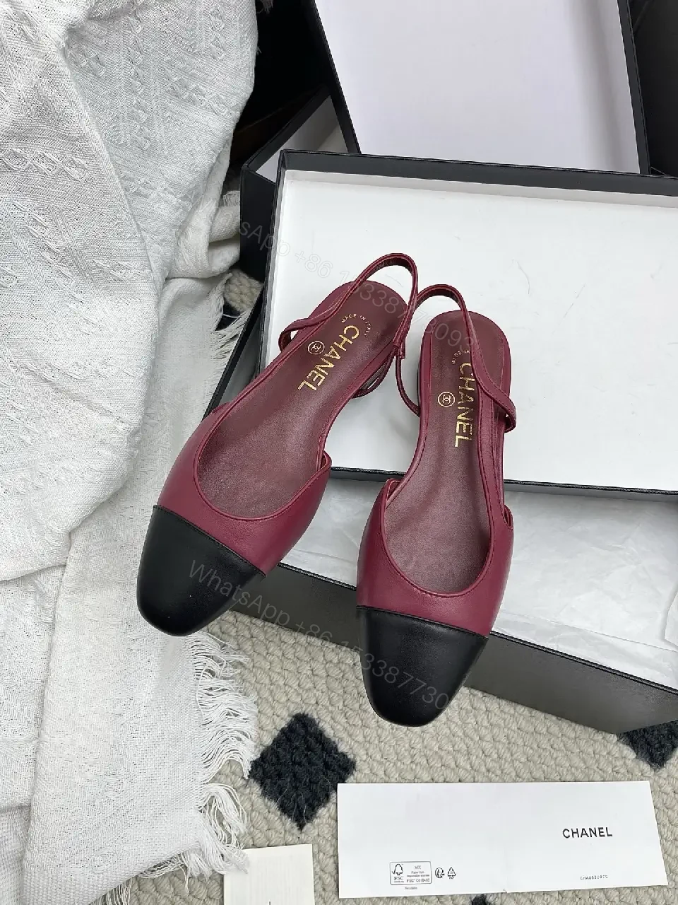 View 9 of Burgundy Satin + Black Leather Ballet Flat, Two-Tone, Comfort