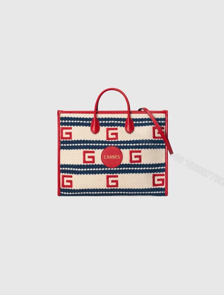 Gucci高仿包包 古驰a货包包 2021夏日度假系列Cannes米白色条纹彩色托特包 — view 1
