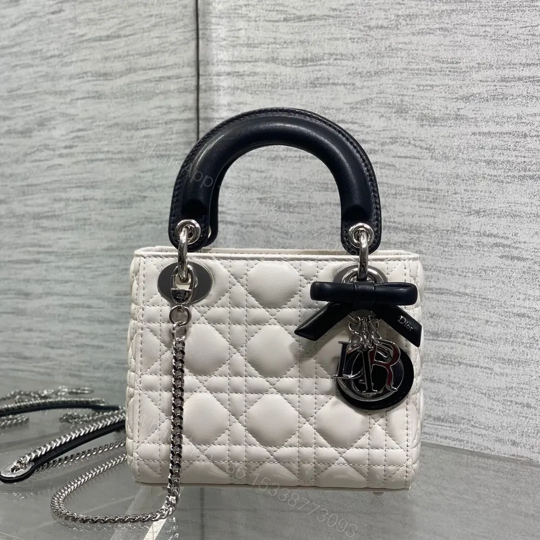 Dior Mini Lady Dior Bag with Chain in two-tone latte and black — view 1