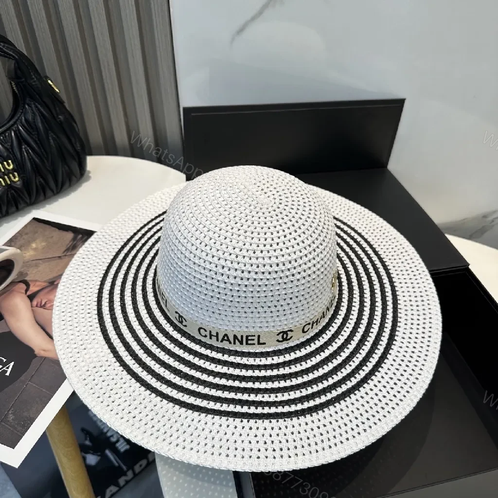 View 6 of White Straw Hat with Chanel-Inspired Band, Wide Brim, Luxe Comfort