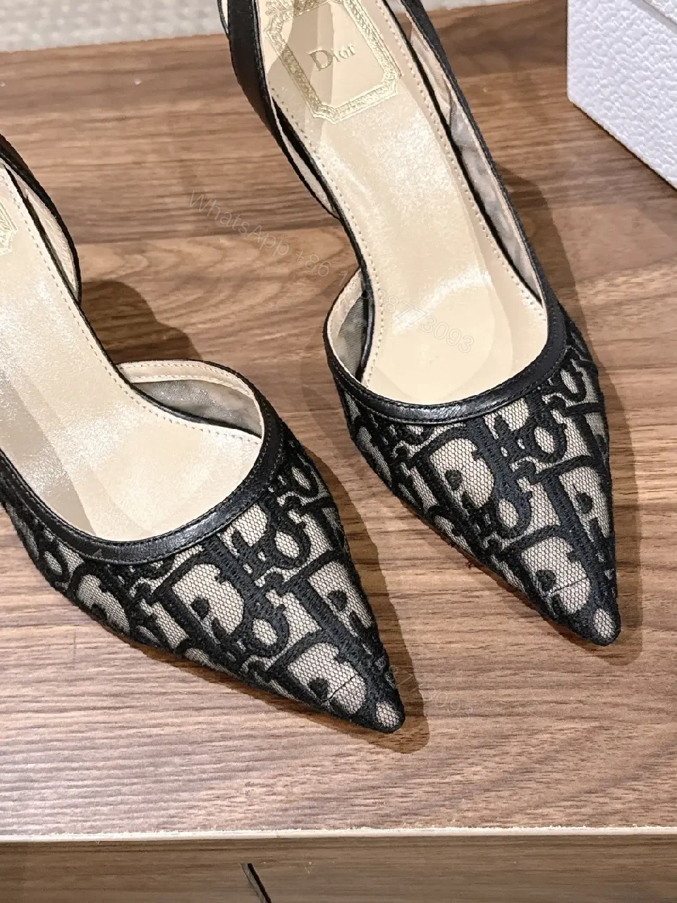 View 9 of Black Denim Slingback Heels Dior-inspired Pattern Pointed Toe Slide Slingback Heels