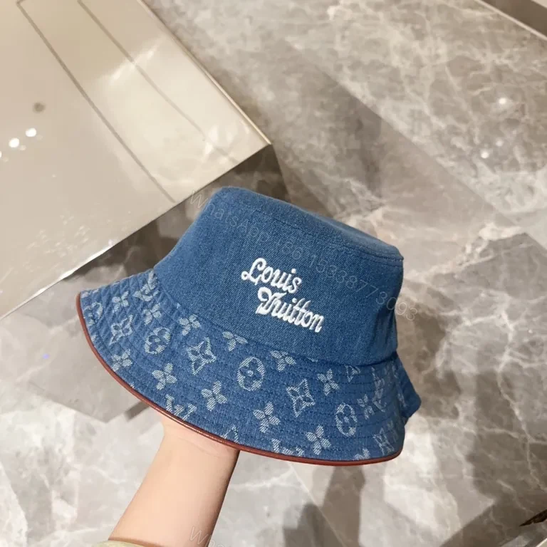 View 7 of Denim Bucket Hat with LV Monogram Accents - Modern Texture