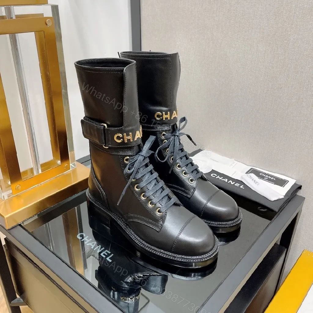 Black Leather Combat Boots with Gold Hardware, Lug Sole, Cushioned Comfort — view 1
