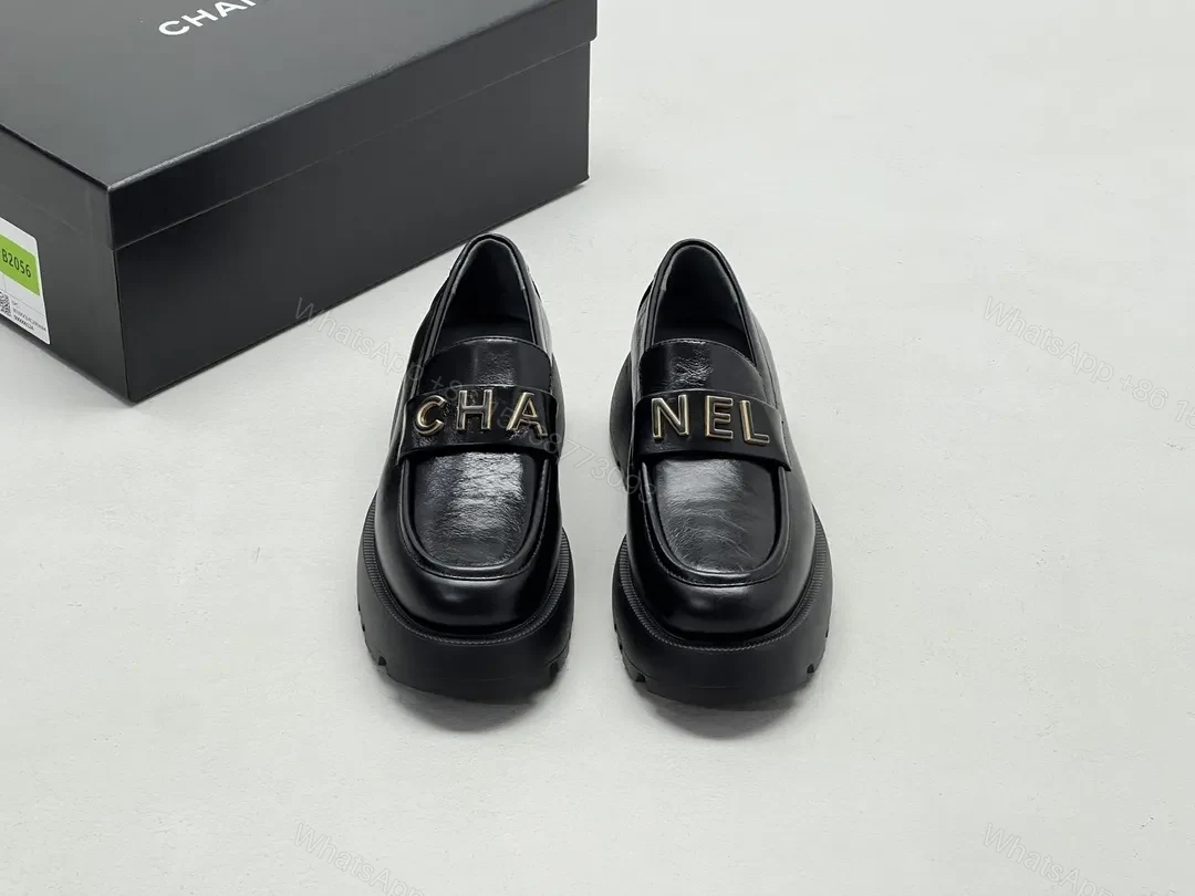 View 4 of Black Leather Chunky-Soled Loafers with Gold Monogram Band