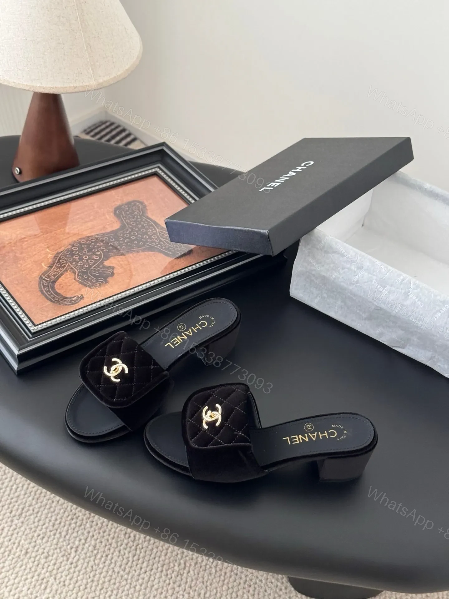 View 6 of Chanel Women Black Quilted Velvet Slides