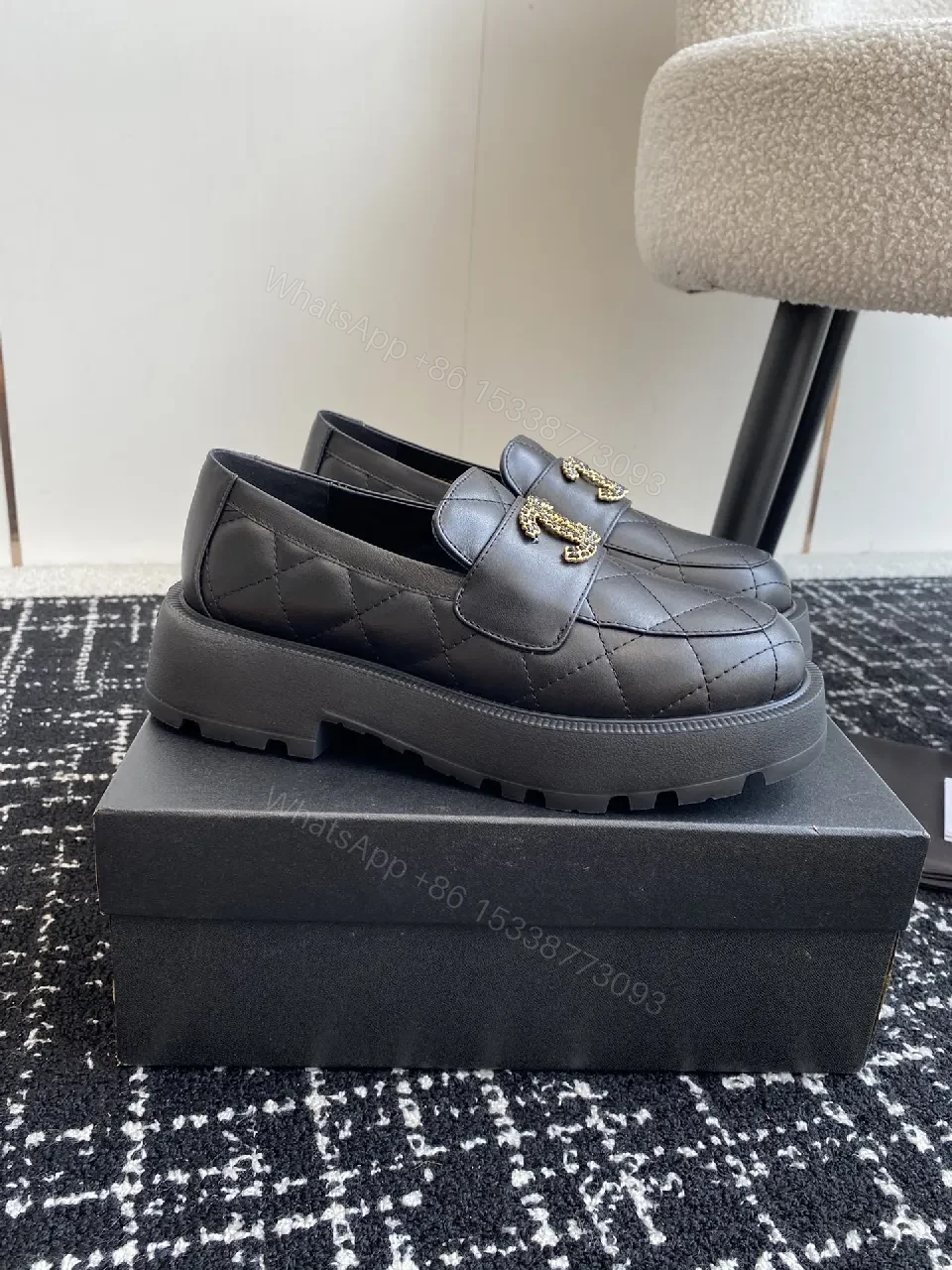View 7 of Quilted Leather Loafer Black with Gold Emblem Luxury Comfort