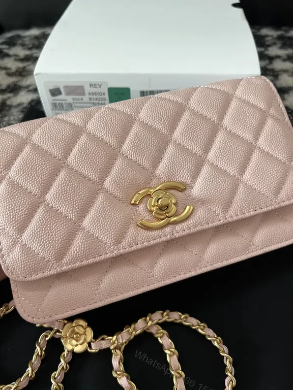 View 3 of Chic Quilted Blush Pebbled Leather Bag with Gold Logo - Shoulder Style