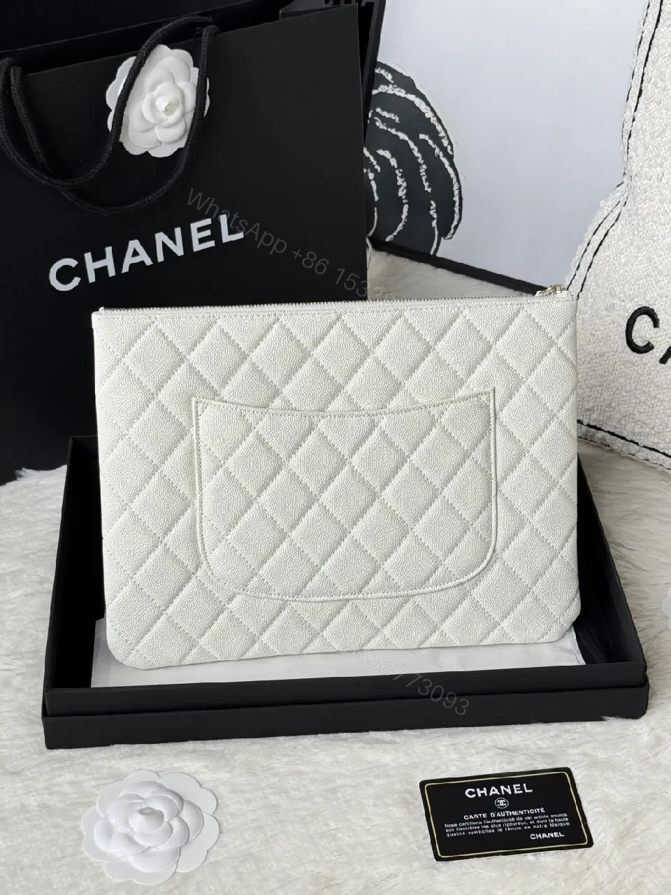 View 8 of Quilted Leather Pouch, Light Pearl, Luxe Style, Zippered Organizer