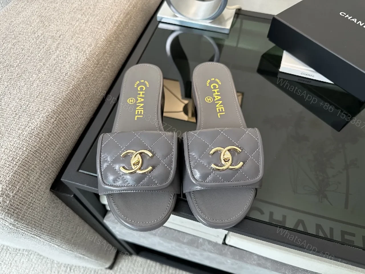 View 4 of Quilted Leather Slides with Gold Logo – Luxe Comfort