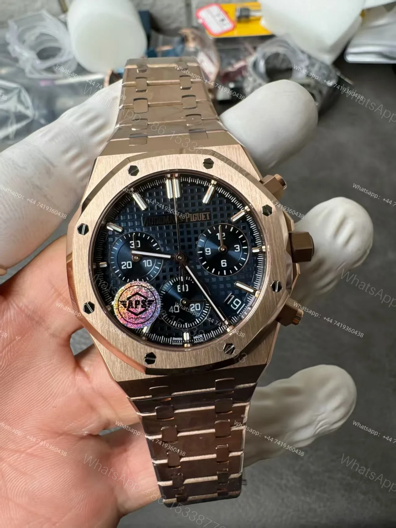 View 5 of Audemars Piguet Super Clone Royal Oak Rose Gold Blue Dial 26240 Chronograph 41mm Cal.4401