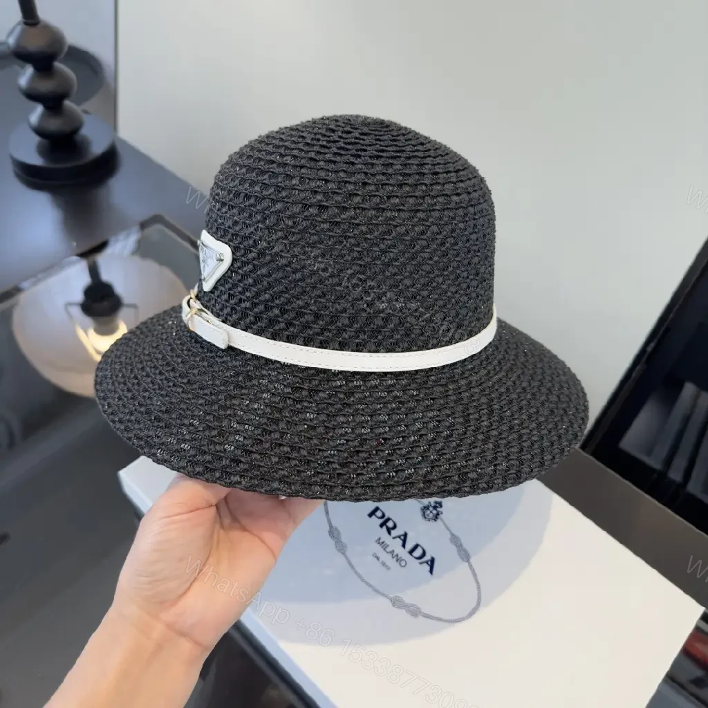 View 8 of Black Straw Weave Fedora Hat with White Band, Gold Hardware, Prada Logo