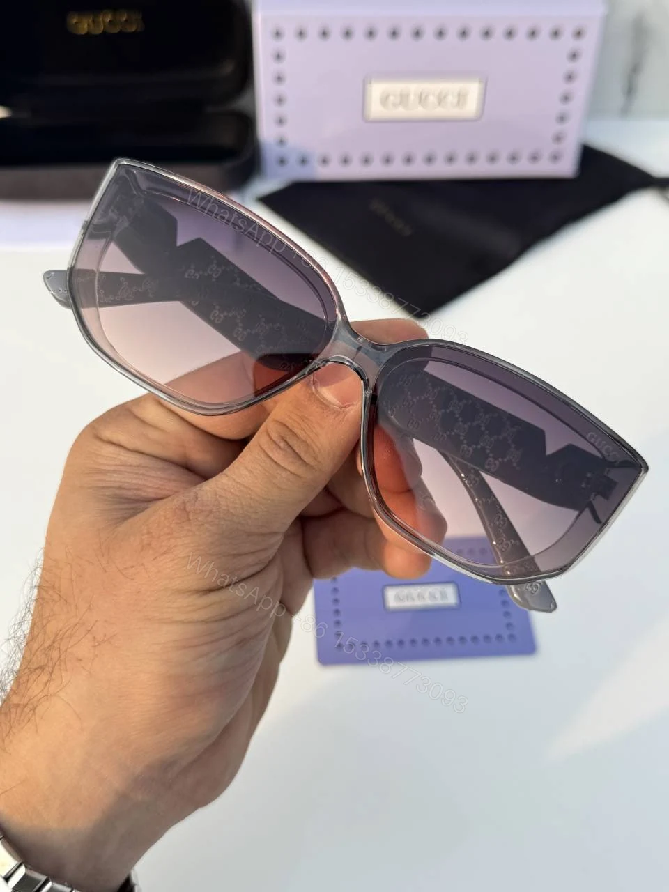 View 3 of First Copy Gucci Cat Eye Sunglasses Black Frame Gradient Brown Lens