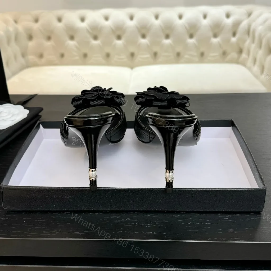 View 7 of Floral-Accent Black Leather Mules—Couture-Inspired Comfort