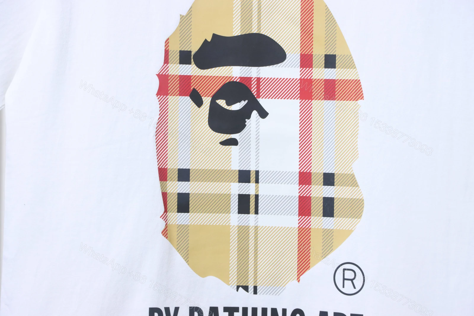 View 2 of BAPE check-pattern ape head letter print short-sleeved T-shirt in white