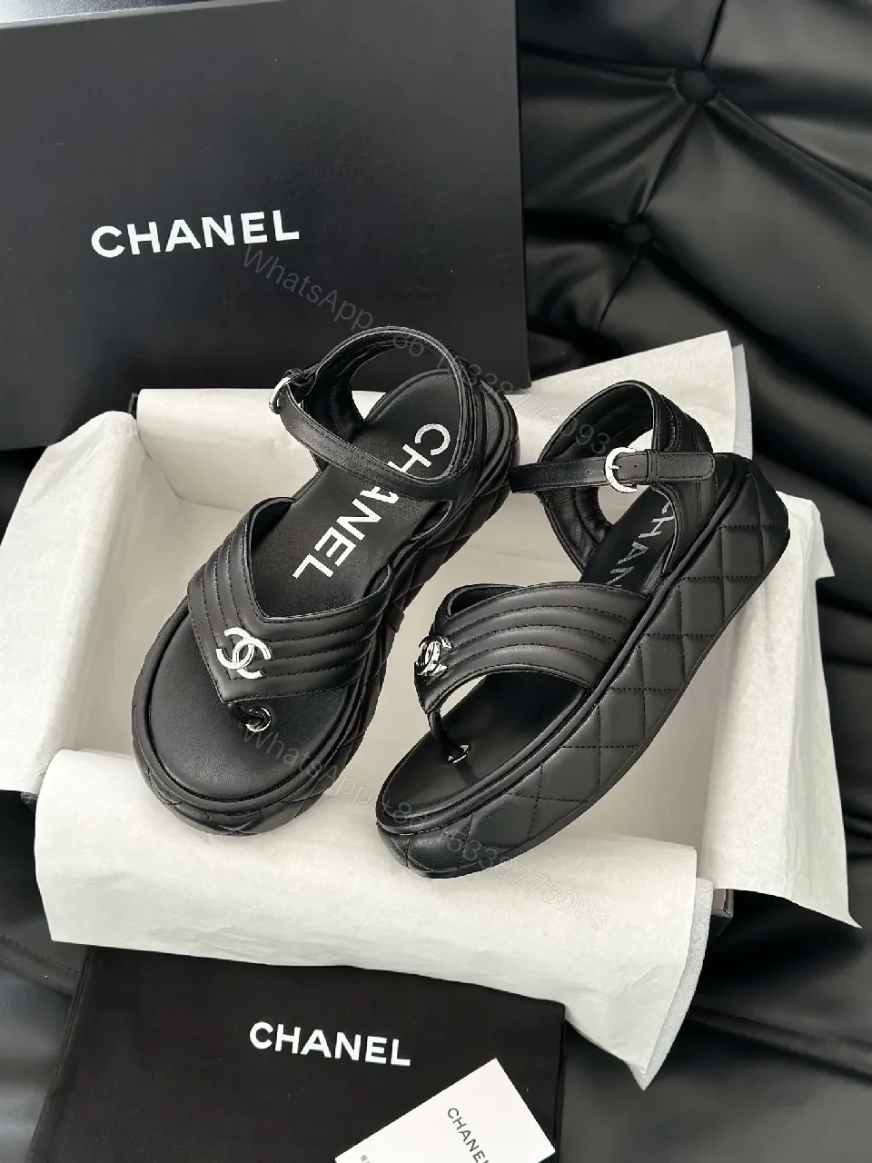 View 2 of Black Leather Quilted Sandals with Interlocking Detail, Platform Style