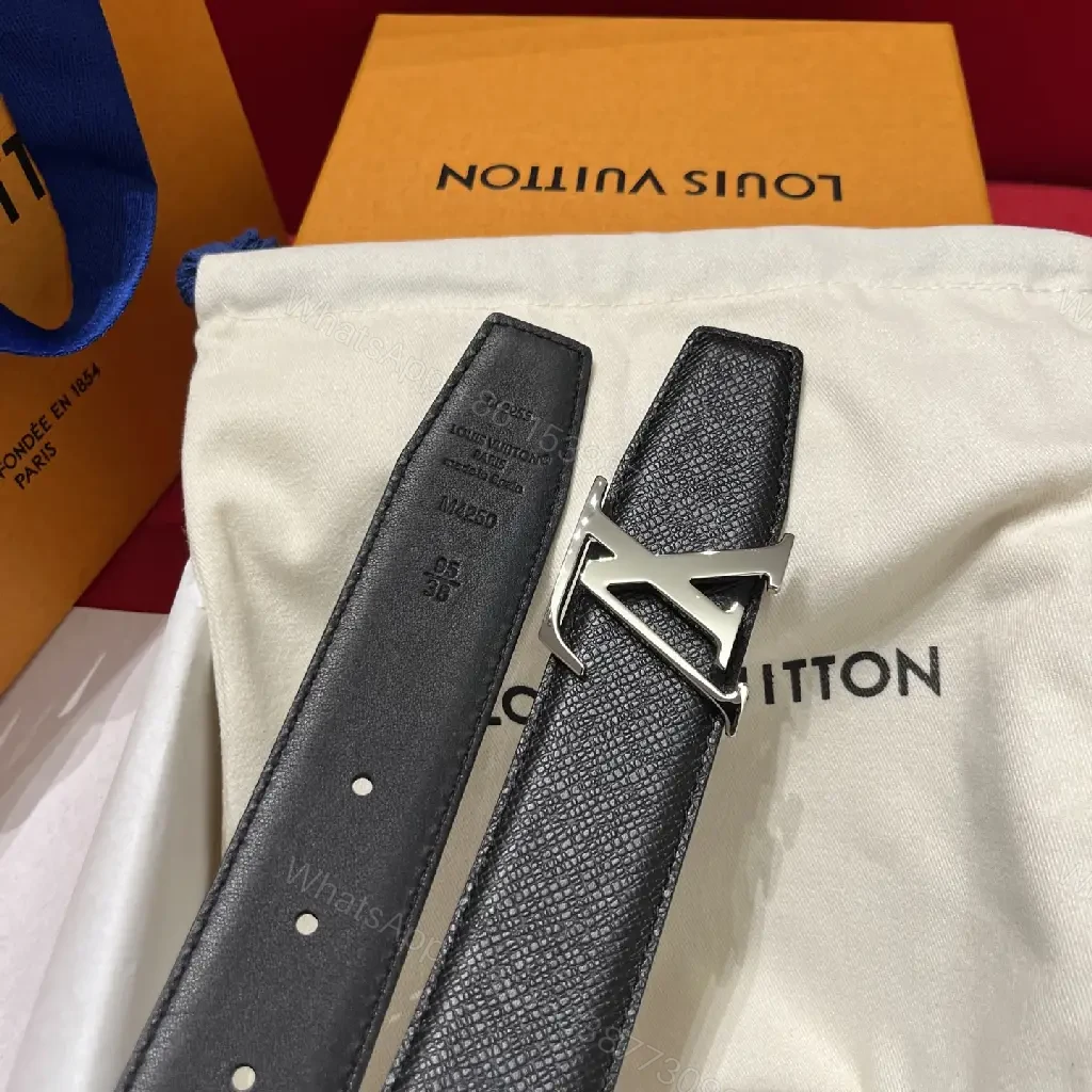 View 4 of Black Leather Belt with Silver LV Logo Buckle, Classic Pebbled Texture