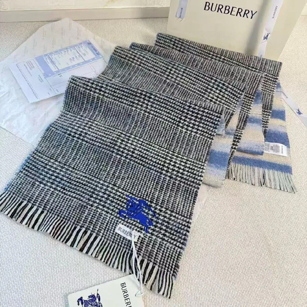 View 5 of Cozy Plaid Scarf – Soft Knit, Fringed Ends, Navy Embroidery