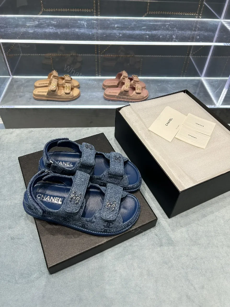 View 4 of Denim-Blue Embellished Sandals: Signature Comfort Shoes