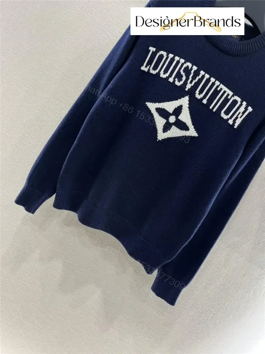 View 5 of Lux Navy Knit Crewneck with Bold Logo — Luxury Streetwear Sweater