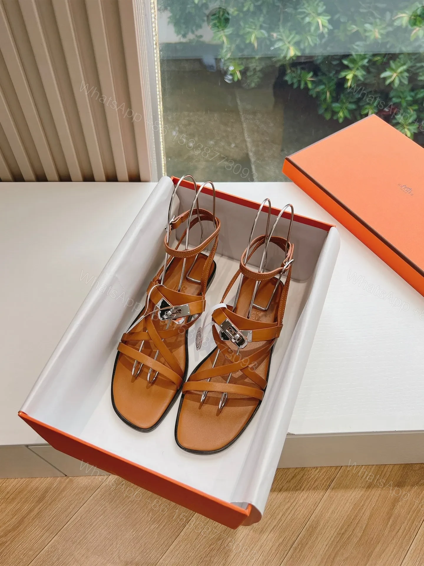 View 3 of Hermes Women Tan Leather Strappy Sandals