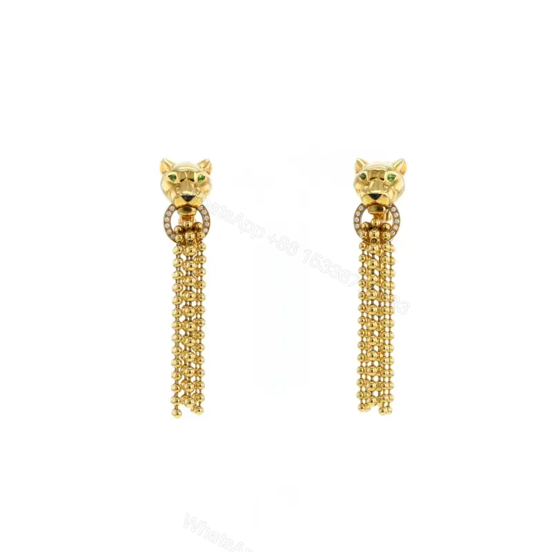 18K Yellow Gold Cartier Panther Diamond Tsavorite Onyx Earrings — view 1