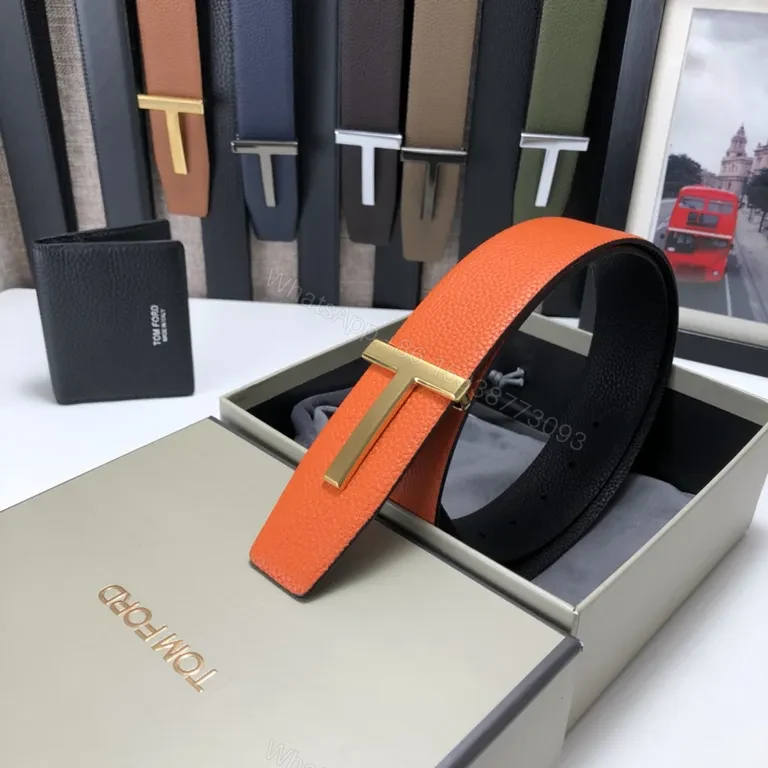 View 6 of Tom Ford Orange Leather Belt with Gold-T Buckle - Luxury Signature Gift