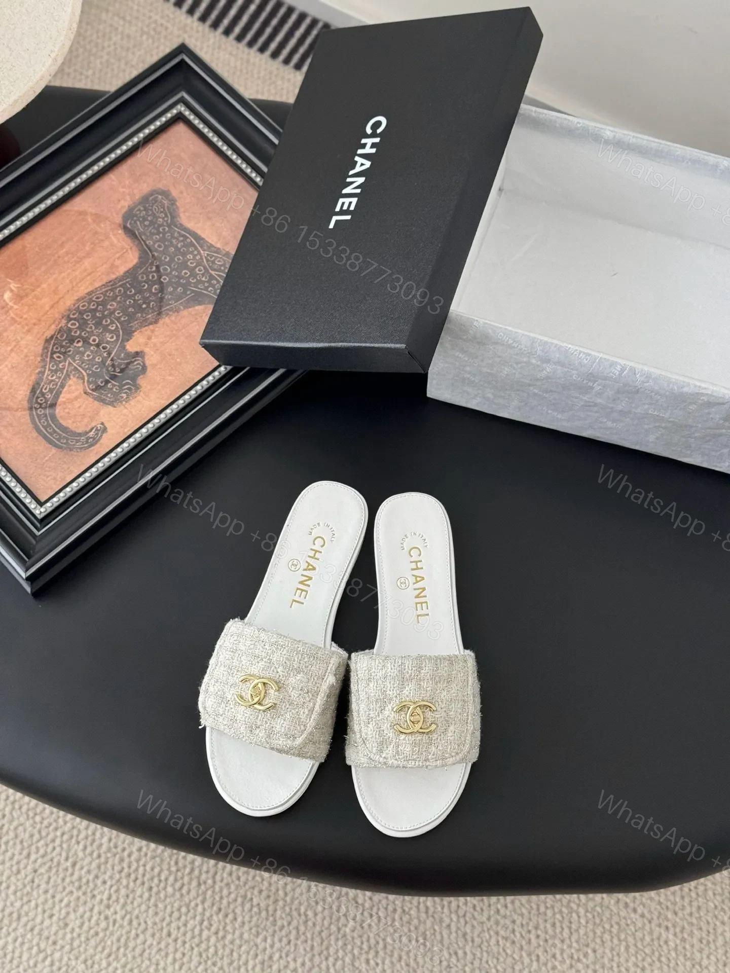 Chanel Women Beige Tweed Slides — view 1