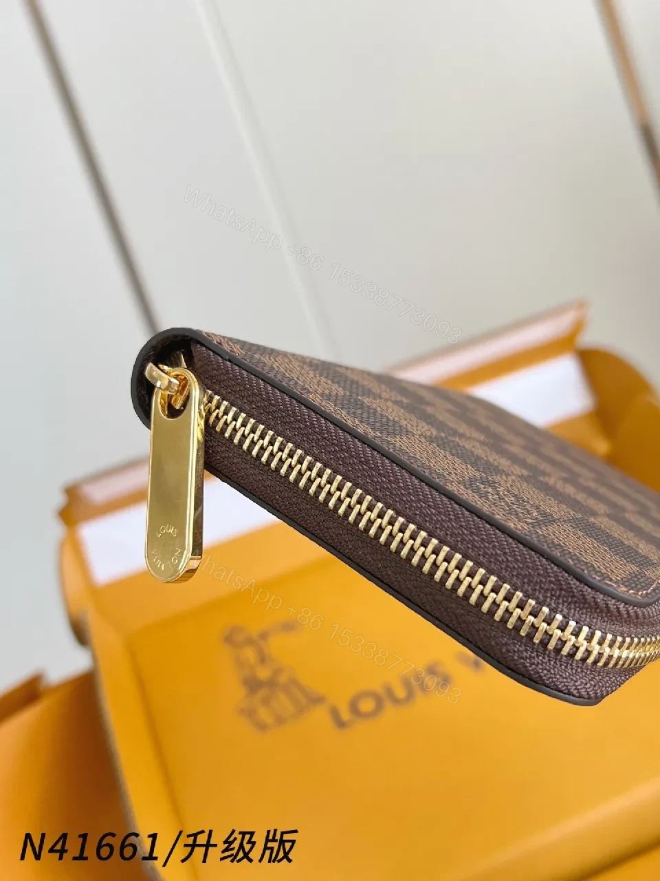 View 4 of Checkerboard Luxe Wallet — Damier Canvas, Zip Closure, Gold Accents