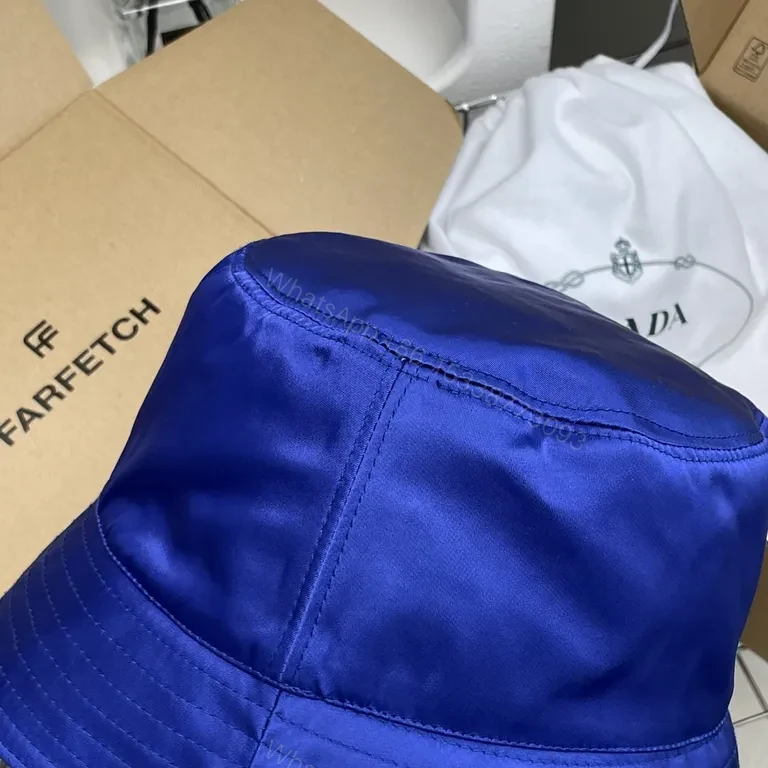 View 2 of Bold Cobalt Blue Nylon Bucket Hat â€“ Luxe Satin Finish, Prada Patch