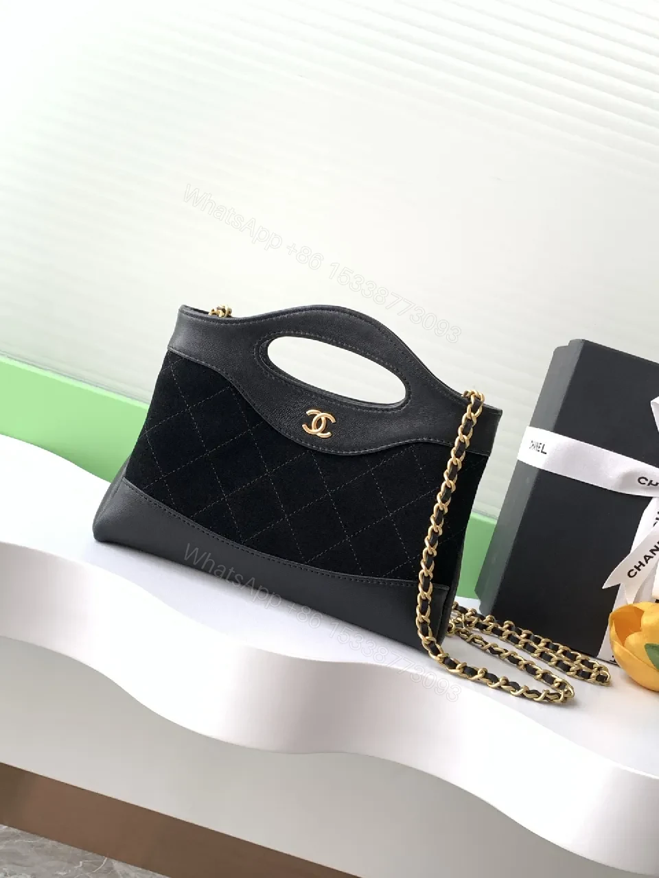 Quilted Satin-Trim Handbag with Gold Chain — view 1